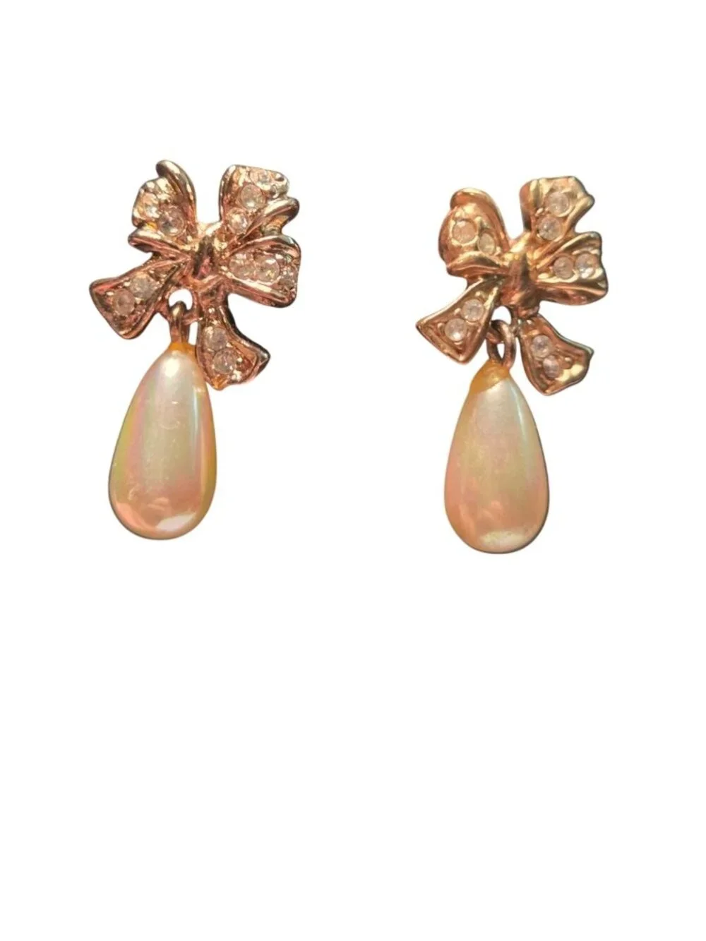 Gold Tone Bow Drop Earrings With Faux Pearls & Rhinestone Accents